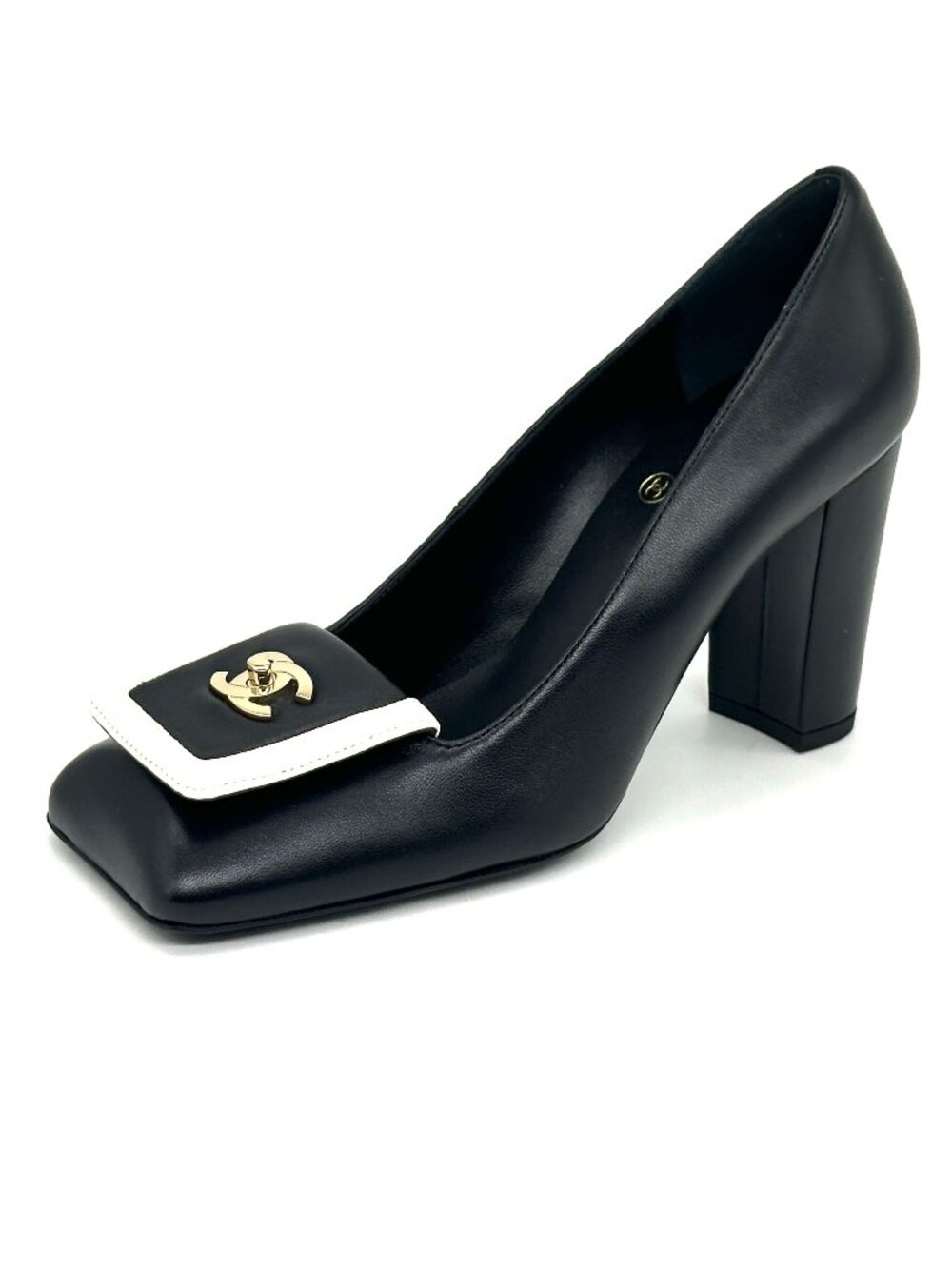 CHANEL 26S Leather Square Toe Turnlock CC Block Heels Pumps Shoes Black Ivory - Picture 3 of 16